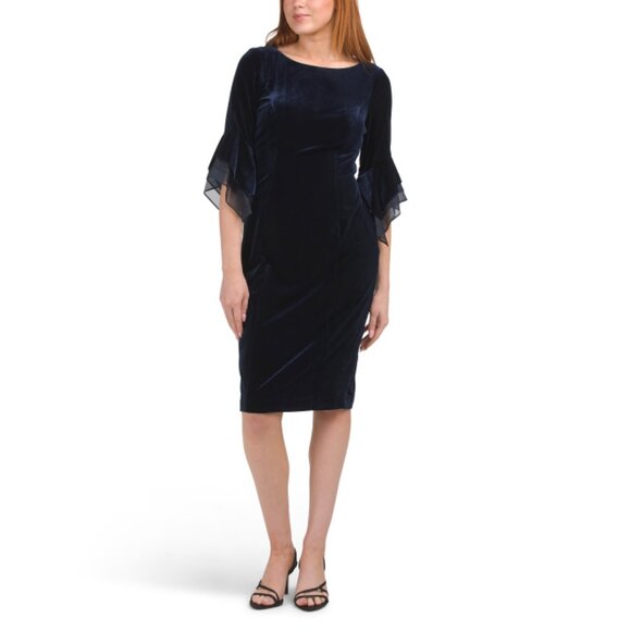 ADRIANNA PAPELL Midnight Three-quarter Ruffle Sleeve Velvet Midi Dress - Picture 1 of 2
